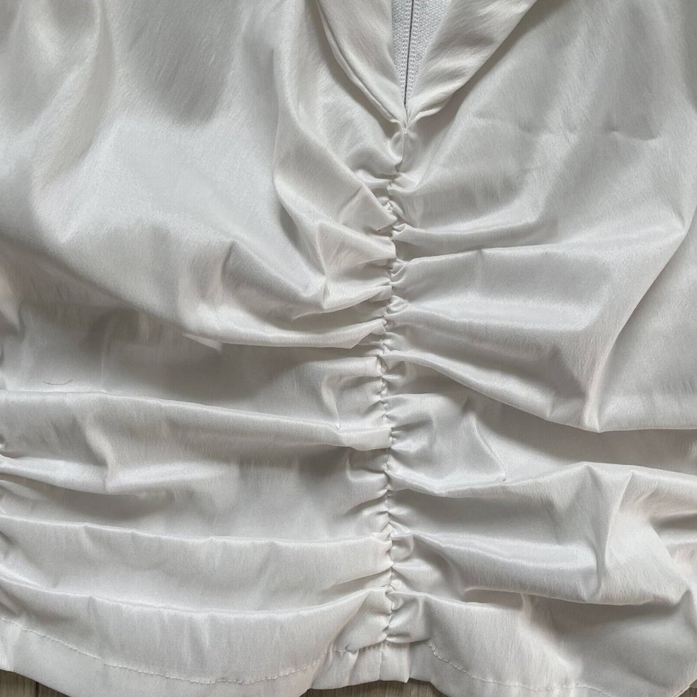Tadashi Ruched Zip Back Collared Pin Tuck Top Women's White Cuff Sleeves Solid - Picture 4 of 7